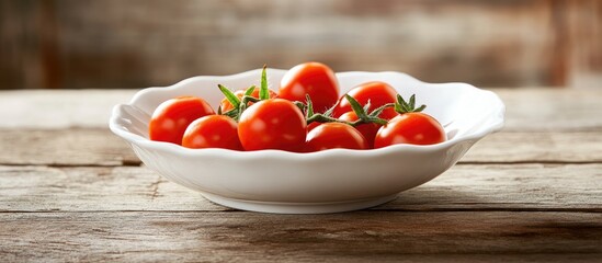 Aufkleber - Fresh cherry tomatoes in a white ceramic bowl on wooden table background with natural lighting Copy Space