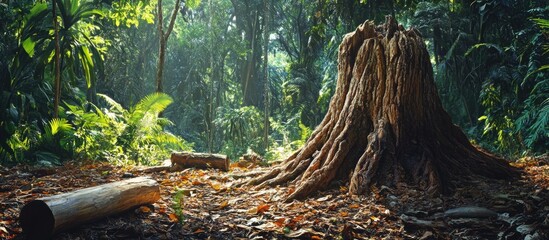 Canvas Print - Large tree stump surrounded by lush tropical vegetation with sunlight filtering through the forest canopy Copy Space