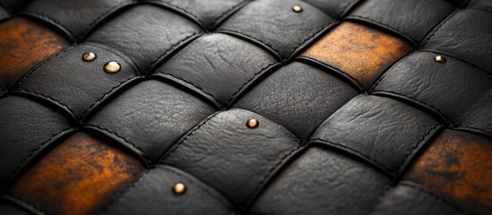 Aufkleber - Textured black and brown woven leather surface with decorative metallic studs and rich details Copy Space