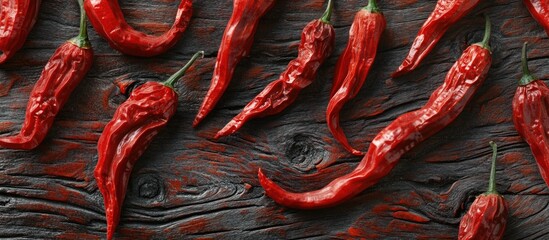 Poster - Red chili peppers on dark wooden surface high angle view with copy space for text