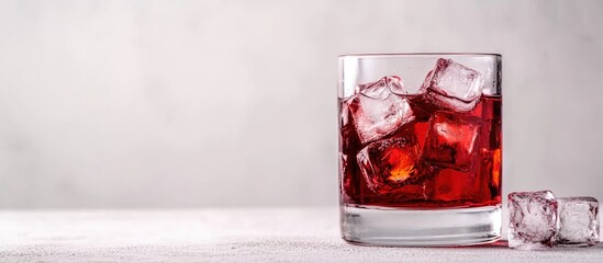 Aufkleber - Red cocktail glass filled with ice cubes on a white surface with a blurred background Copy Space