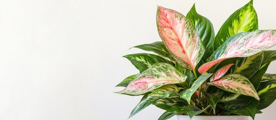 Wall Mural - Colorful ornamental houseplant with variegated leaves in a modern pot against a plain white background with Copy Space