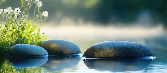 Aufkleber - Smooth rocks in tranquil water with green plants and flowers reflecting soft natural light, blurred background, Copy Space