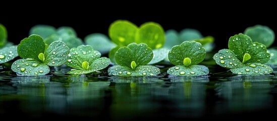 Aufkleber - Water lily leaves with raindrops on a dark background reflecting on still water surface showcasing natural beauty and tranquility Copy Space