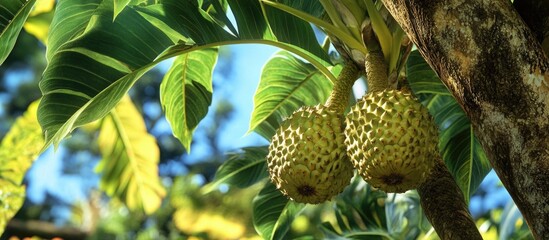 Poster - Tropical fruit tree with two green soursop fruits surrounded by lush green leaves under bright sunlight Copy Space