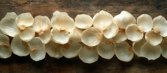 Aufkleber - Close-up of delicate dried flower petals arranged in a horizontal line on a textured wooden surface with natural lighting Copy Space