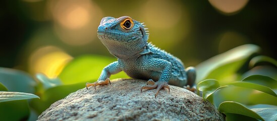 Aufkleber - Blue lizard perched on a rock surrounded by green foliage with blurred background and warm bokeh lighting Copy Space