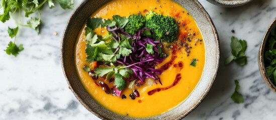 Aufkleber - Vibrant carrot ginger soup topped with fresh herbs and vegetables in a rustic bowl on marble surface with copy space