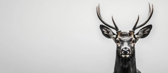 Poster - Black deer portrait with antlers on a gray background showcasing detailed features and a clean composition with Copy Space.