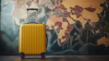 Poster - A yellow suitcase in front of a world map, symbolizing travel, adventure, and global exploration, emphasizing wanderlust and the spirit of discovery.