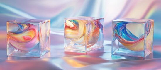 Aufkleber - Colorful abstract glass cubes with swirling patterns on an iridescent background with soft lighting and smooth texture. Copy Space