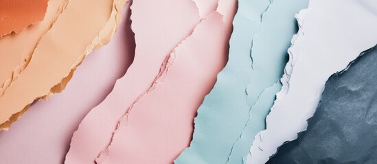 Poster - Colorful torn paper strips in soft pastel shades with textured edges arranged in horizontal alignment, ideal for background use, Copy Space
