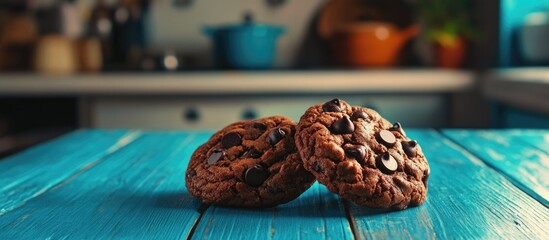Poster - Chocolate chip cookies on a rustic blue wooden table with a blurred kitchen background ideal for food photography Copy Space