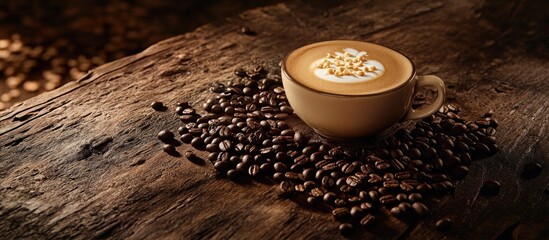 Poster - Coffee cup with latte art placed on coffee beans on rustic wooden surface with warm lighting and natural textures Copy Space