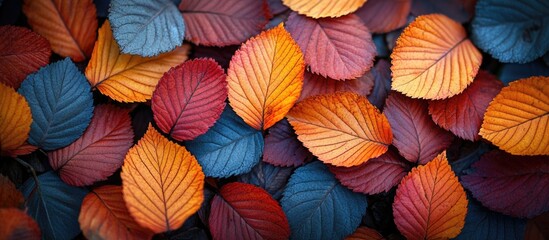 Poster - colorful autumn leaves background in various shades of red, orange, and blue with natural texture an