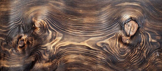 Poster - Textured dark wood surface with prominent grain patterns and knots suitable for backgrounds and design projects Copy Space
