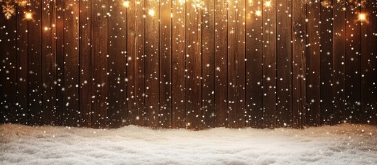 Aufkleber - Snowy winter scene with wooden backdrop and festive lights creating a cozy atmosphere ideal for seasonal imagery Copy Space
