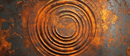 Poster - Textured abstract background featuring concentric circular patterns in rust and orange tones with a rugged surface and Copy Space.