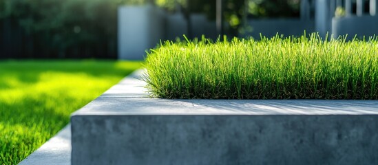 Aufkleber - Concrete edge with lush green grass growing on top in a landscaped garden setting with blurred background and natural light. Copy Space