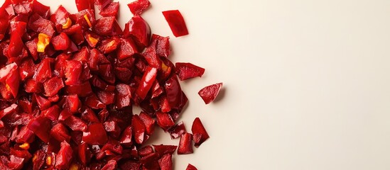Aufkleber - Chopped red bell pepper pieces on light beige background with ample copy space for text inclusion