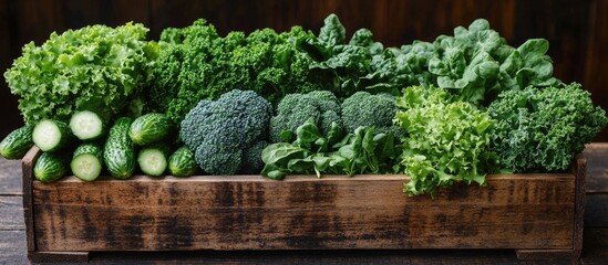 Aufkleber - Fresh assortment of green vegetables including lettuce, cucumbers, kale, spinach, and broccoli in a wooden box on rustic background Copy Space