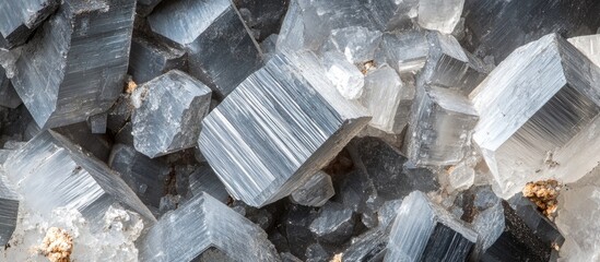 Poster - Blue and transparent mineral crystals close-up texture with clear facets and geometric shapes against a neutral background Copy Space