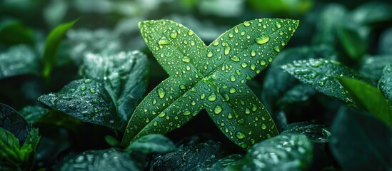 Poster - Close-up of green leaves with water droplets on foliage in a lush natural environment featuring copy space for text.
