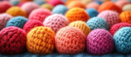 Poster - Colorful hand-knitted woolen pom poms arranged in a textured background with vibrant shades and patterns Copy Space