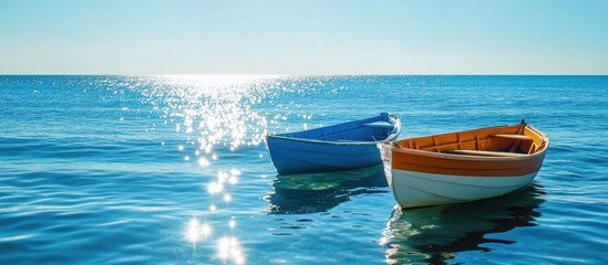 Poster - Two wooden boats floating on tranquil water with sunlit reflections and clear blue sky at a seaside location Copy Space