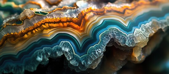 Poster - abstract close-up of colorful mineral stone with intricate patterns and layers showcasing hues of bl