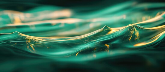 Poster - Abstract turquoise waves with golden highlights depicting fluid motion in a contemporary style suitable for background or texture use Copy Space