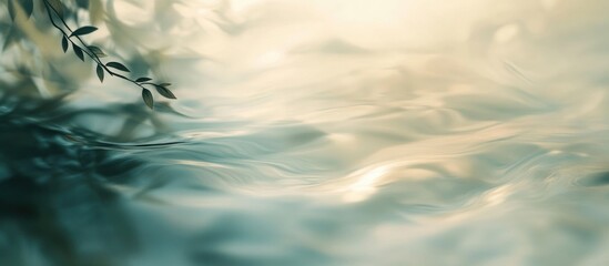 Poster - soft focus abstract natural water surface with gentle ripples and green leaves in the foreground cop