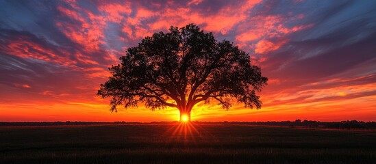 Poster - Silhouette of large tree at sunset with vibrant orange and purple sky and sun rays shining through branches Copy Space