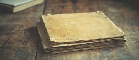 Aufkleber - Stack of old vintage papers on a wooden table with a blurred background and natural light Copy Space