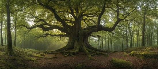 Poster - Ancient tree with sprawling branches in a misty forest landscape surrounded by lush greenery and sunlight filtering through leaves Copy Space