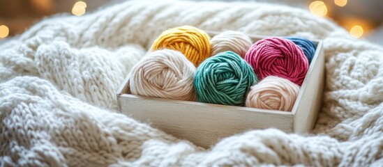 Aufkleber - Colorful yarn balls in a wooden box resting on a knitted blanket with soft bokeh lights in the background Copy Space