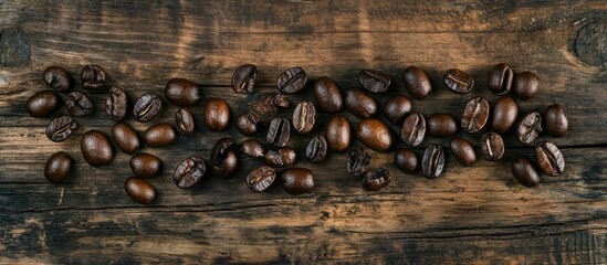Aufkleber - Coffee beans scattered on rustic wooden surface with ample copy space for text placement