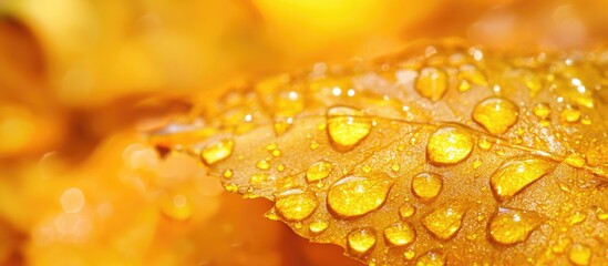 Poster - close-up of wet autumn leaf with water droplets on surface, vibrant yellow tones and blurred backgro