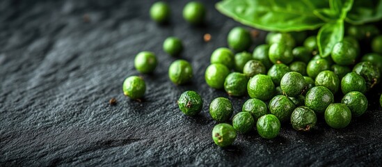 Aufkleber - Fresh green peppercorns with basil leaves on dark stone background with textured surface and ample copy space for text