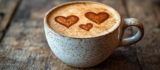 Poster - Coffee cup with heart latte art on wooden background with rustic texture Copy Space