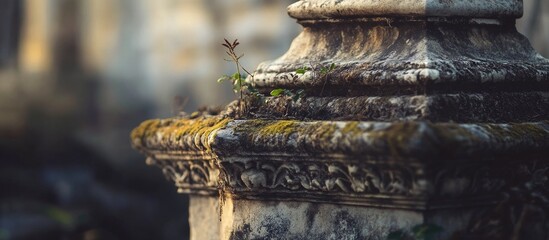 Poster - detailed close-up of aged stone monument with intricate carvings covered in moss and small plants il