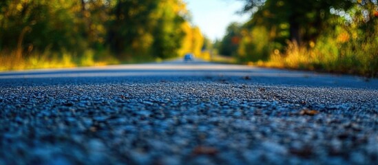 Poster - Close-up View of Paved Road Surrounded by Trees on Both Sides with Natural Lighting and Copy Space for Text