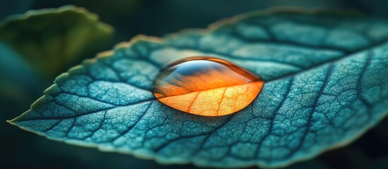 Poster - macro close-up of water droplet on green leaf illuminated by soft light with intricate leaf texture 