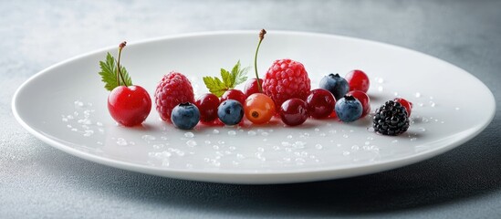 Aufkleber - Assorted fresh berries on a white plate with a sprinkle of sugar and green mint leaves Copy Space