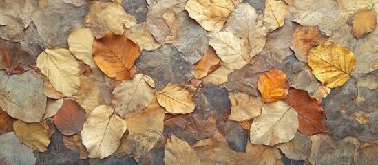 Aufkleber - Dried autumn leaves background in various shades of brown and orange with texture, suitable for nature themed designs, Copy Space