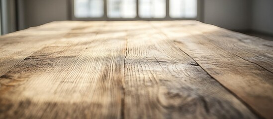 Aufkleber - Wooden table surface with natural texture and light reflections, indoor setting, minimalist design, Copy Space