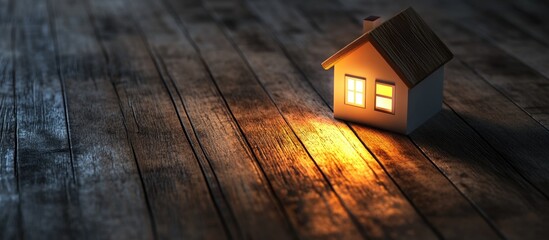 Aufkleber - Illuminated miniature house model on wooden floor with warm light glowing from windows near night atmosphere Copy Space