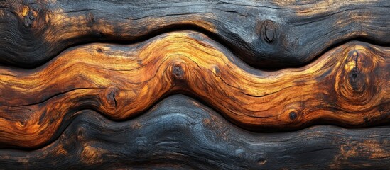 Poster - textured close-up of weathered wooden surface with dark and golden hues featuring wavy patterns and 