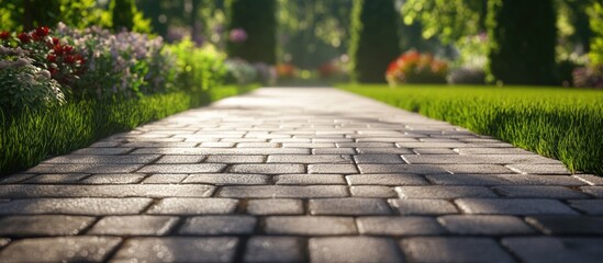 Canvas Print - Garden pathway with stone pavers surrounded by flowers and lush greenery, soft sunlight filtering through trees, Copy Space