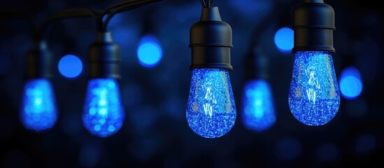 Aufkleber - Blue decorative lights glowing in a dark background with bokeh effect creating an atmospheric mood Copy Space